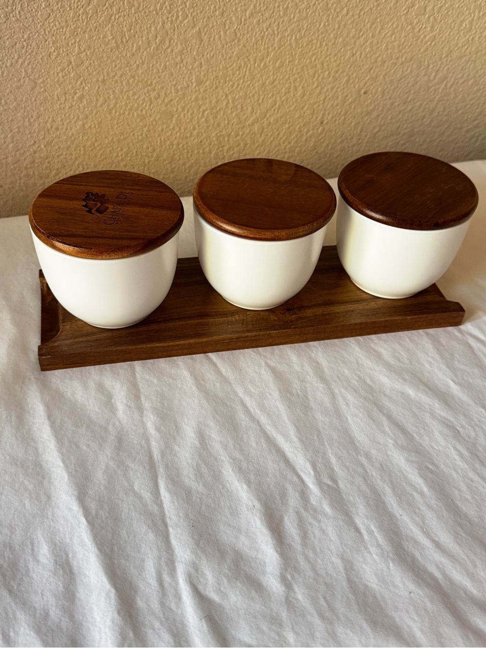 White Ceramic Condiment Trio with Wooden Lids and Tray